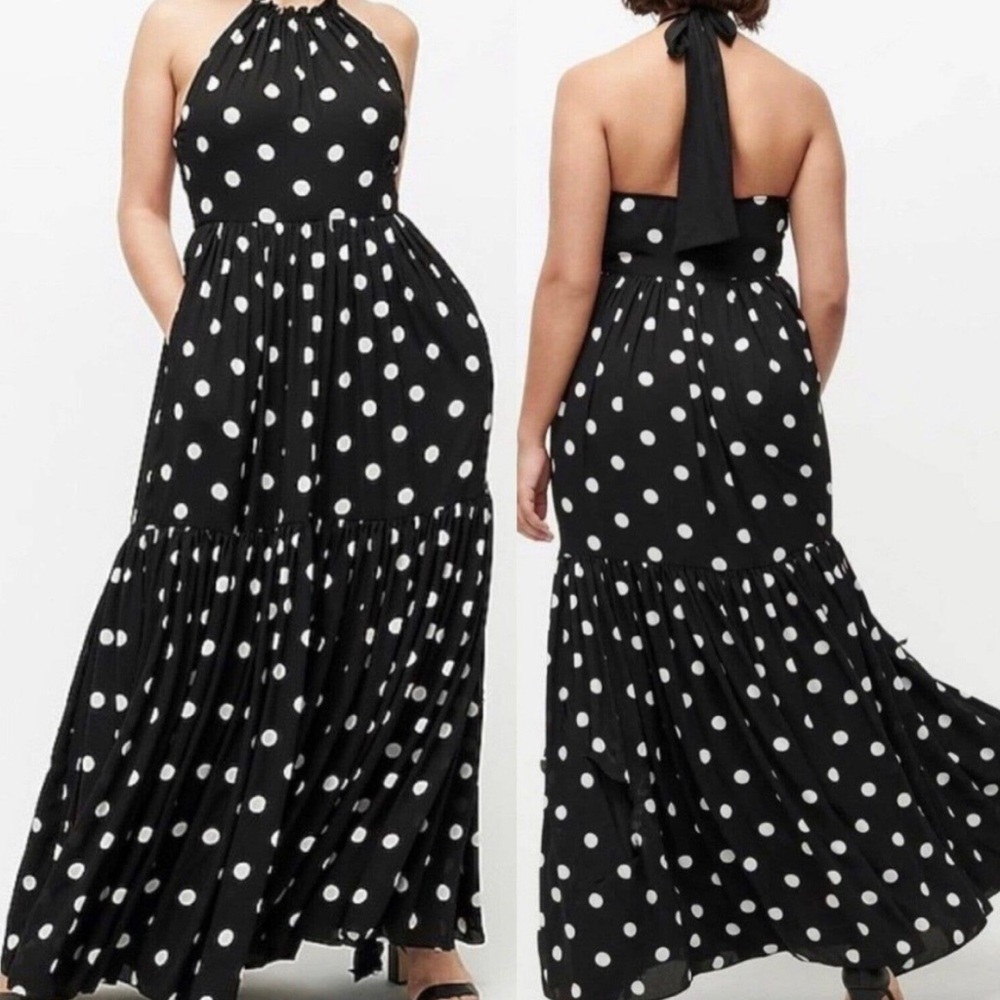 NWT J. Crew Black and White Polka Dot Halter Tiered Maxi Dress Size 6